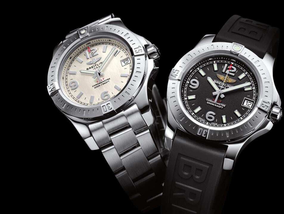 For the case, these replica Breitling watches adopted the firm stainless steel material, with unidirectional rotating bezel, matching the large screw-in crown, with 200m waterproof.